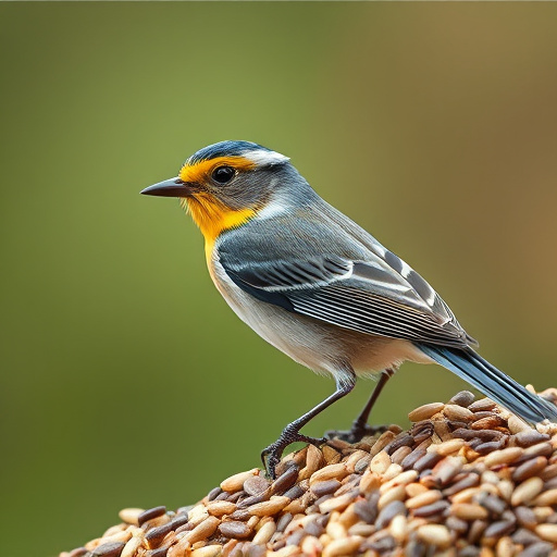 Robin perched near sunflower hearts on table