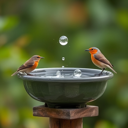 Robin perched on rustic garden bird bath