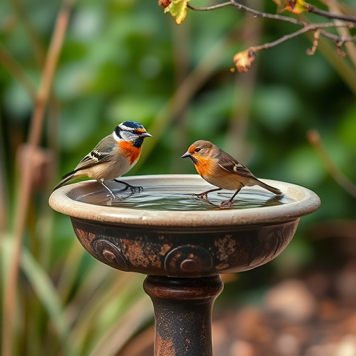 Robin perched on rustic garden bird bath