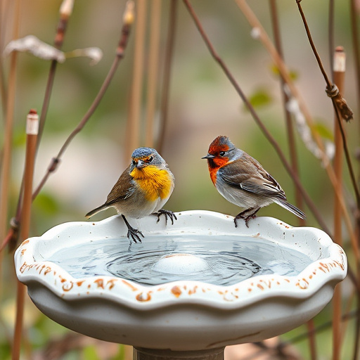 Robin perched on rustic garden bird bath