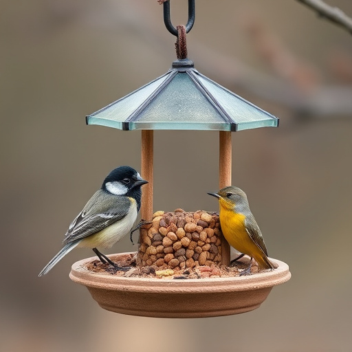 Robins and tits eating from hanging feeder