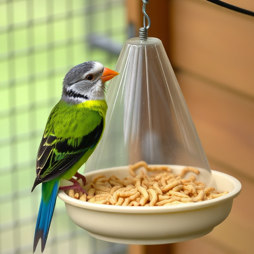Small bird feeding at cage feeder