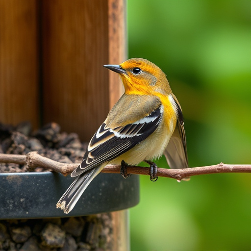 Small bird feeding at cage feeder