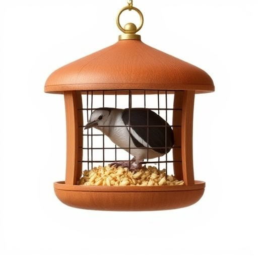Small bird feeding at cage feeder
