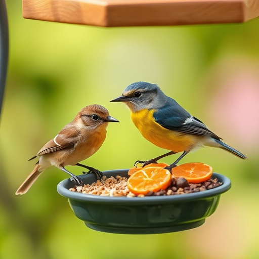 Small birds drinking from birdbath