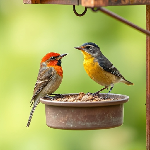 Small birds drinking from birdbath