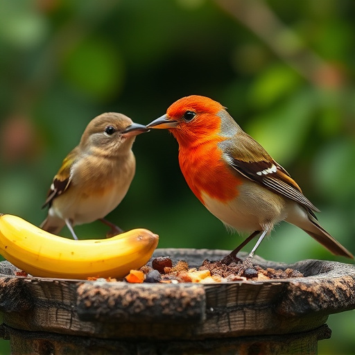Small birds drinking from birdbath