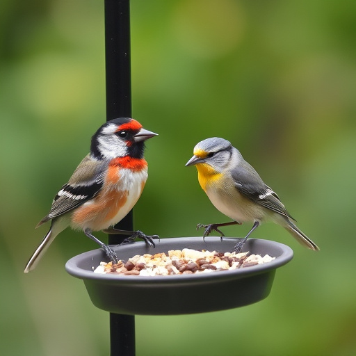 Small birds eating at garden station