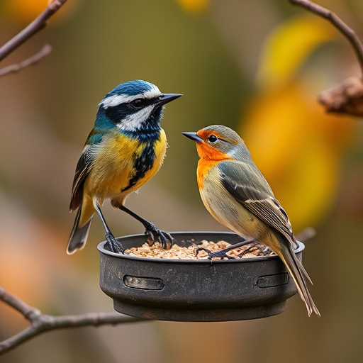 Small birds eating dried fruit pieces