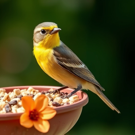 Small birds eating juicy summer fruits