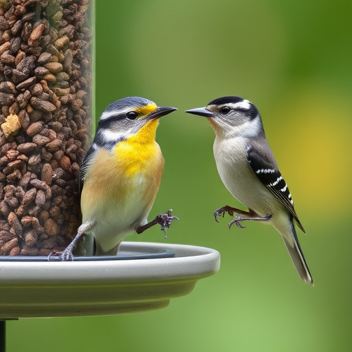Small birds eating juicy summer fruits
