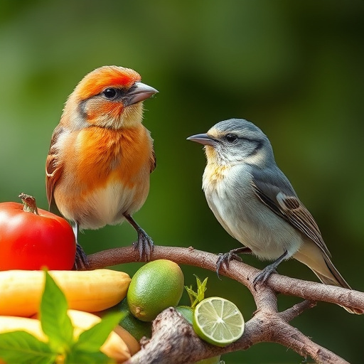 Small birds eating juicy summer fruits