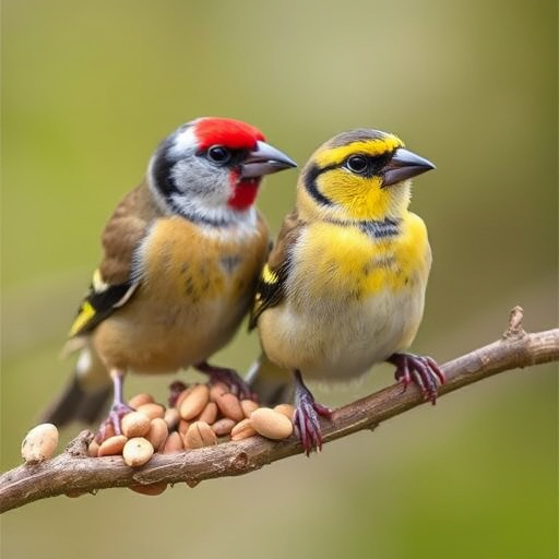Small birds eating seed from tray