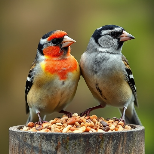 Small birds eating seed from tray