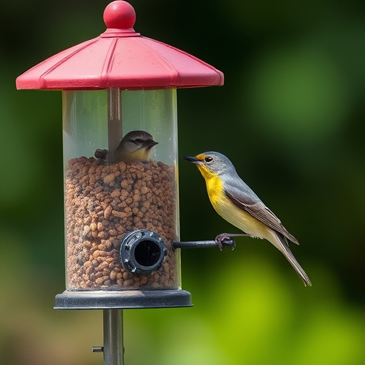 Small birds feeding beneath sloped shelter