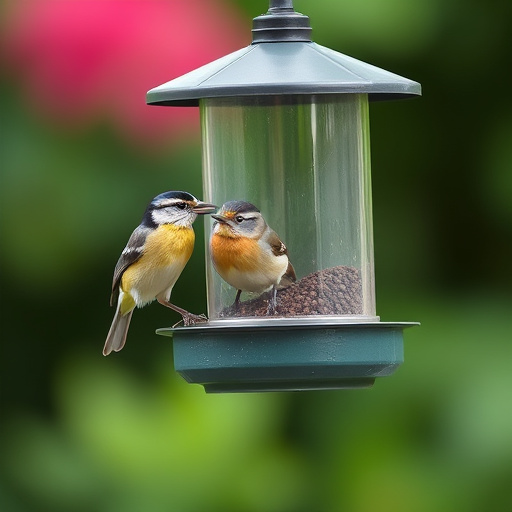 Small birds feeding beneath sloped shelter