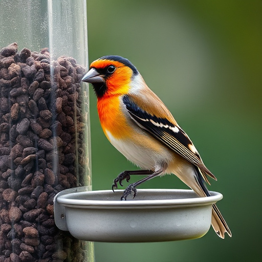 Small birds feeding beneath sloped shelter