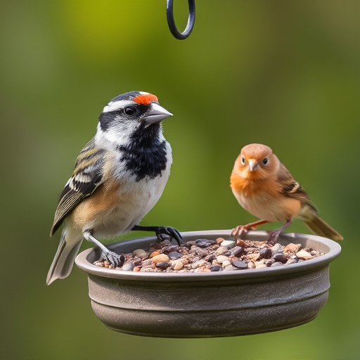 Small birds feeding on ground feeder