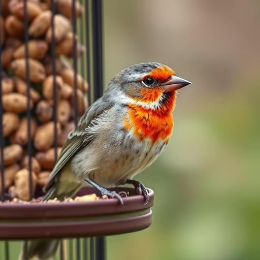 Small birds feeding on mealworms dish