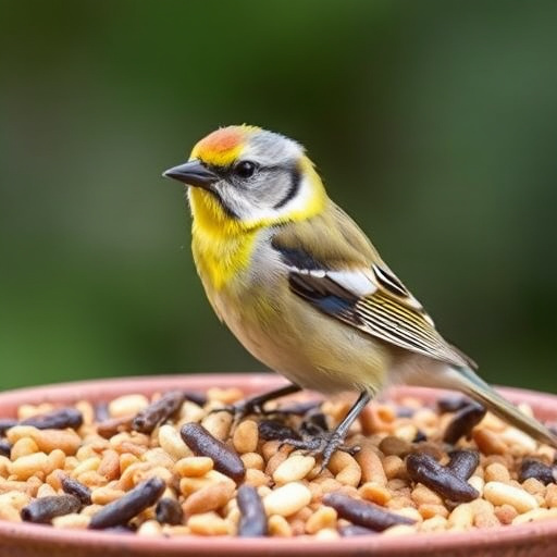 Small finches eating from garden feeder