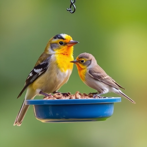 Small songbird feeding on mealworm tray