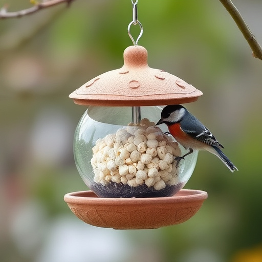 Sparrow clinging to hanging fat ball feeder