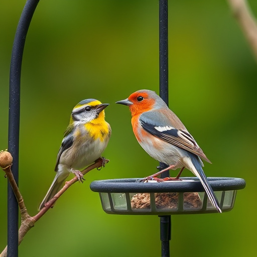 Spring garden birds eating fruit slices