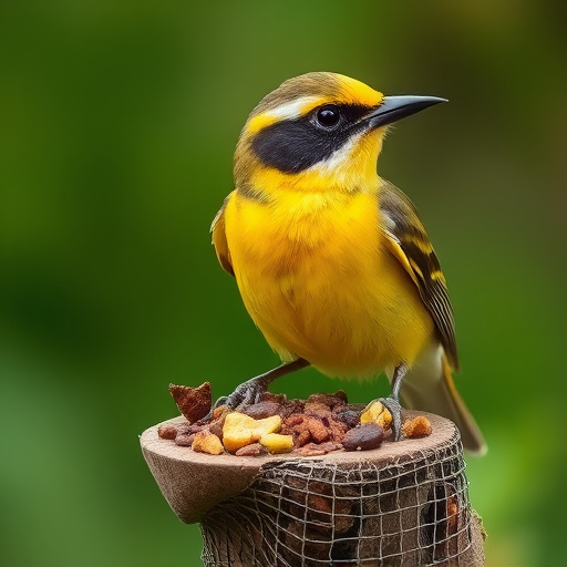 Spring garden birds eating fruit slices