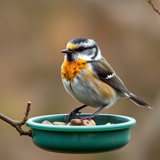 Spring garden birds eating fruit slices