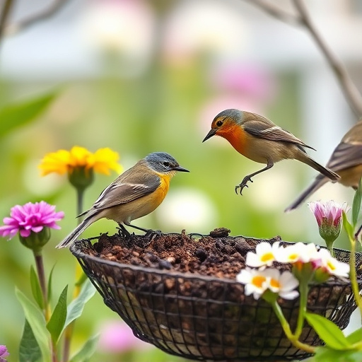 Spring garden birds eating fruit slices