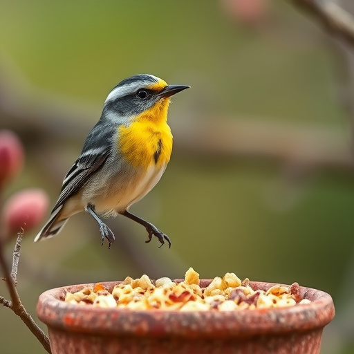 Spring garden birds eating fruit slices