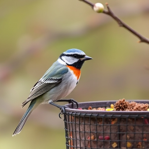 Spring garden birds eating fruit slices