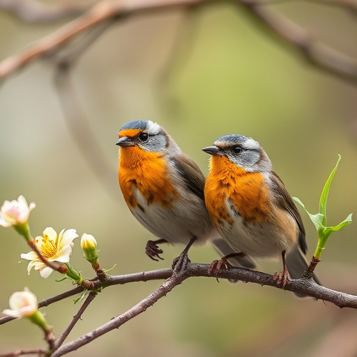 Spring garden birds eating fruit slices