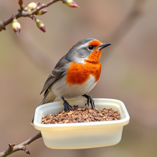 Spring garden birds eating fruit slices
