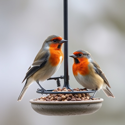 Spring garden birds eating fruit slices