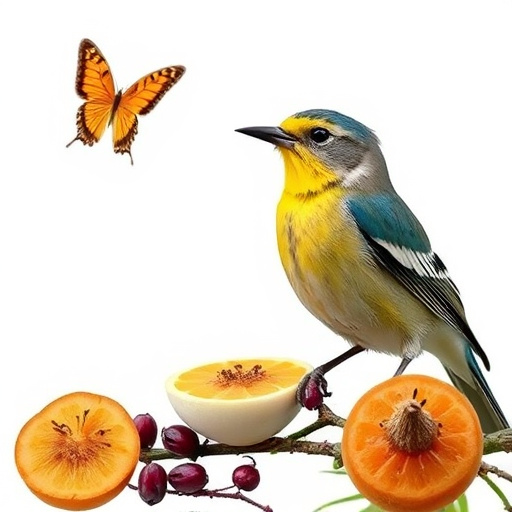 Spring garden birds eating fruit slices
