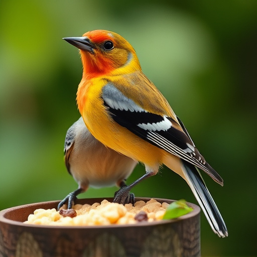 Spring garden birds eating fruit slices