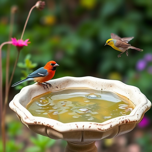 Stone bird bath surrounded by wildflowers