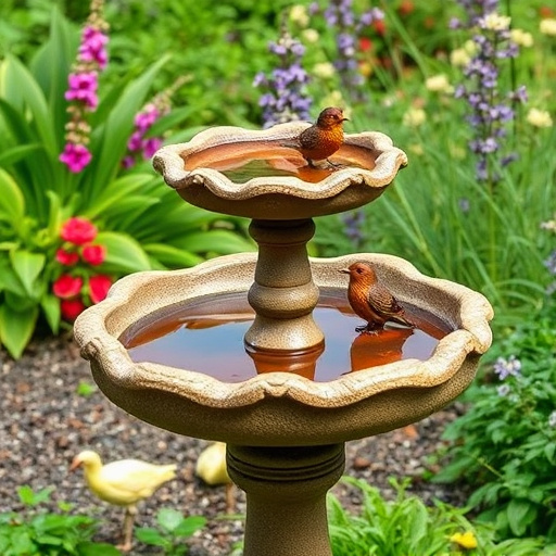 Stone bird bath surrounded by wildflowers