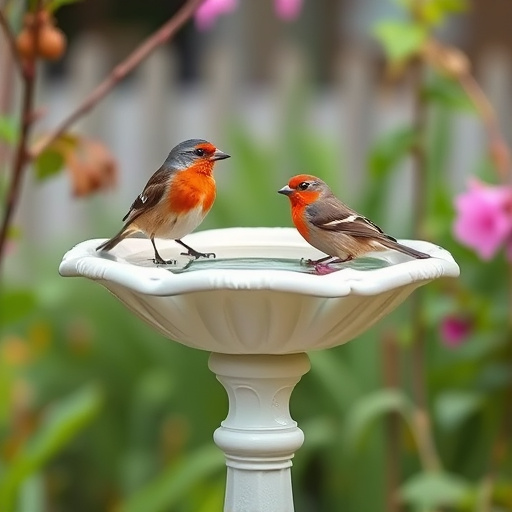 Stone bird bath surrounded by wildflowers