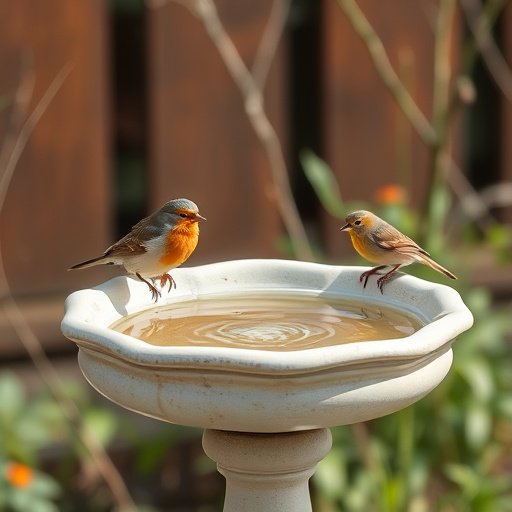 Stone bird bath surrounded by wildflowers