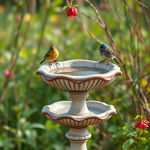 Stone bird bath surrounded by wildflowers