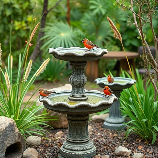 Stone bird bath surrounded by wildflowers