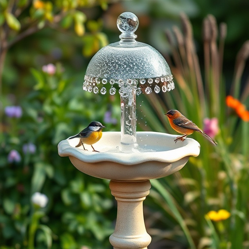 Stone bird bath with sparrows splashing water