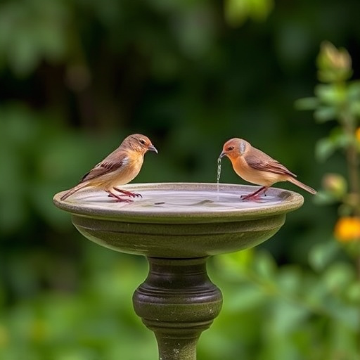 Stone bird bath with sparrows splashing water