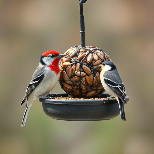 Suet ball holder attached to wooden post