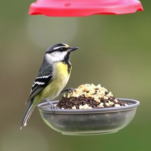 Suet-filled feeder attracting small songbirds