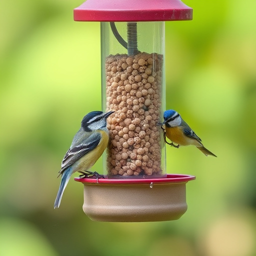 Suet-filled feeder attracting small songbirds