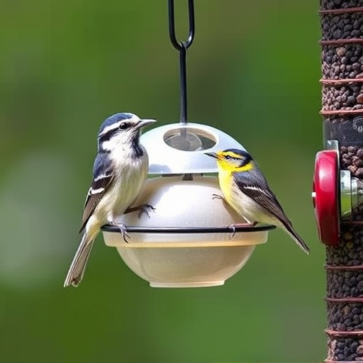 Suet-filled feeder attracting small songbirds