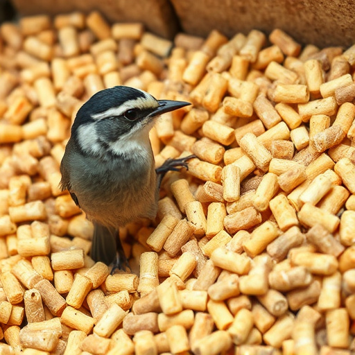 Suet pellets scattered on wooden bird table
